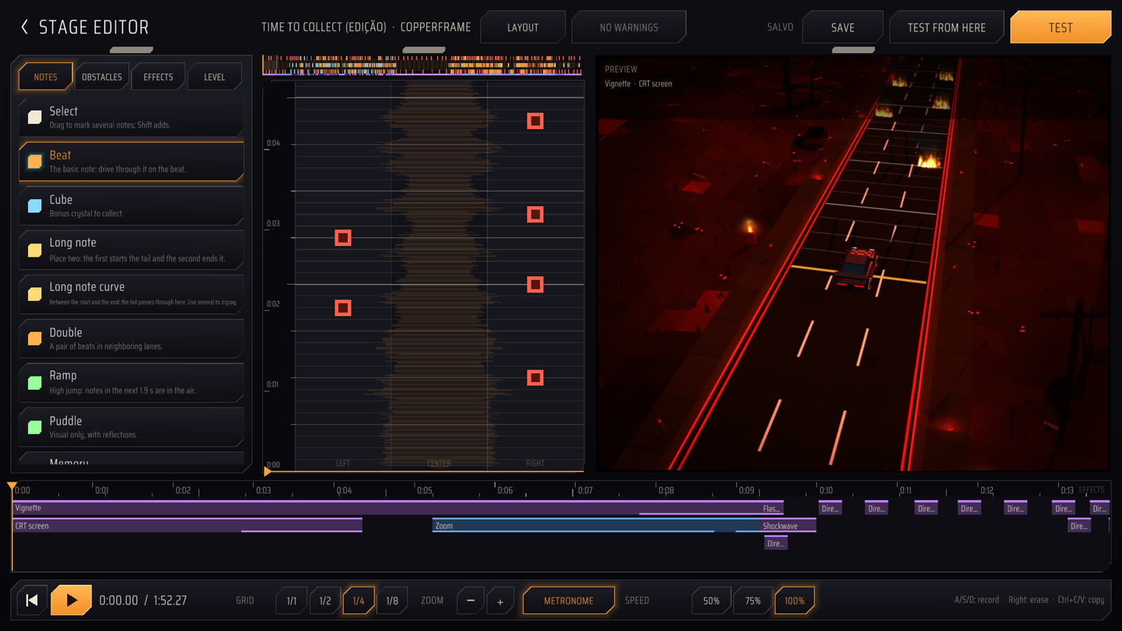 The editor screen with the sample stage Time To Collect.